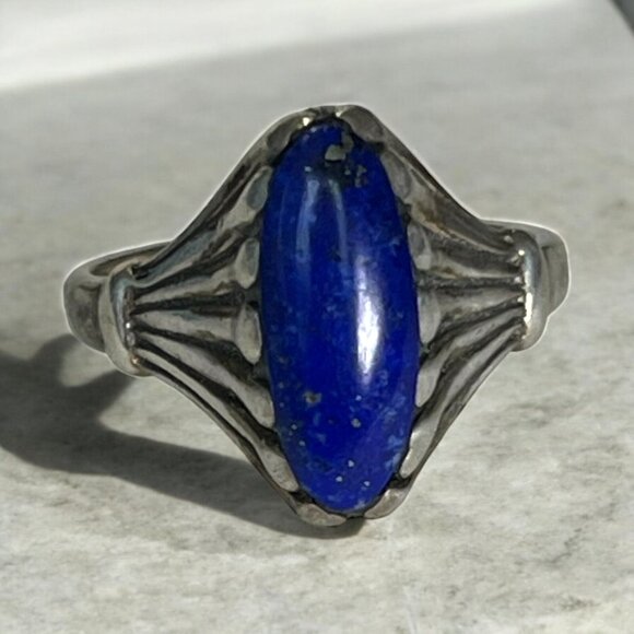 Vintage Oval Lapis Lazuli Sterling Silver Ring Size 6 Stamped Ken - Picture 1 of 7